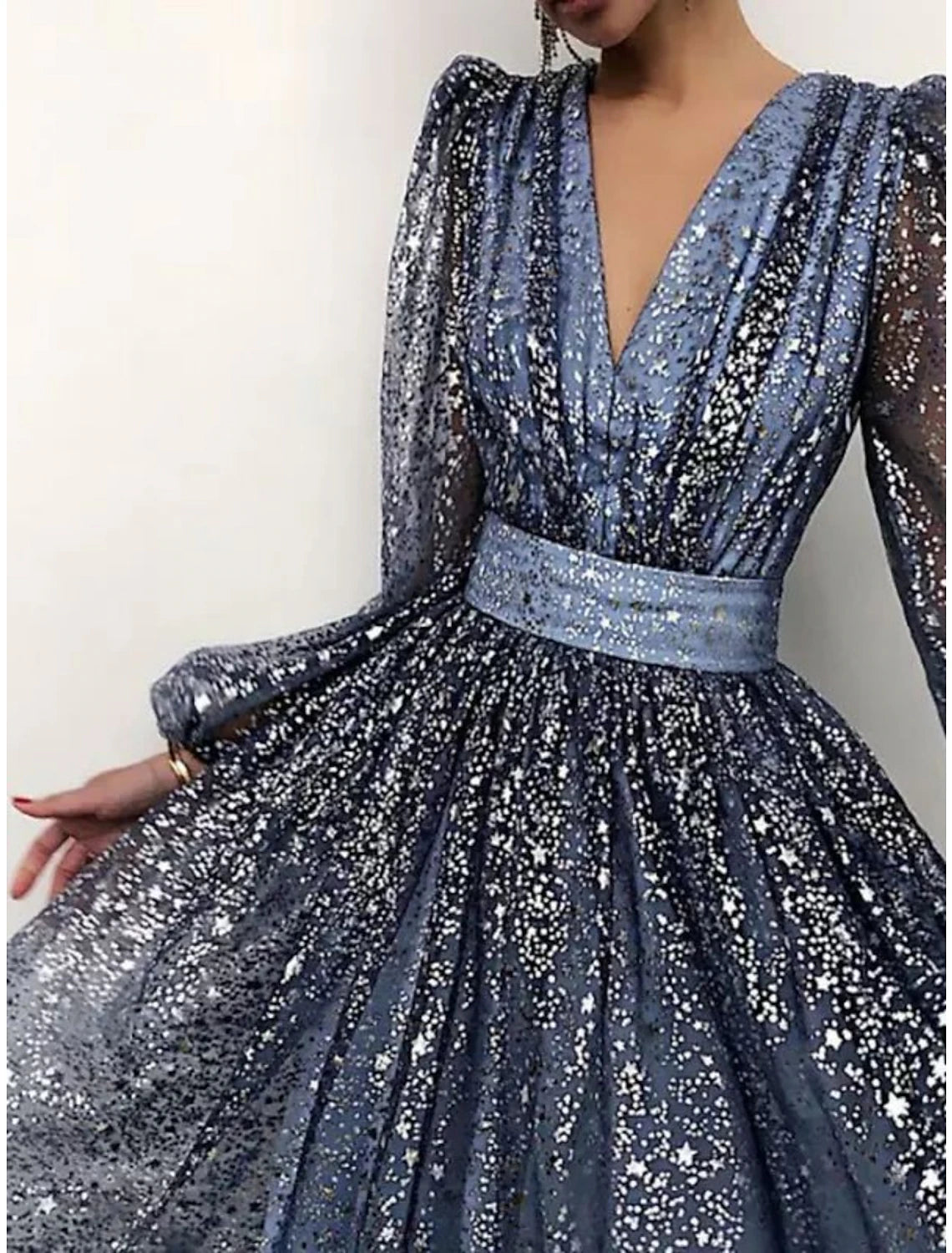 Abito da donna con paillettes, abito da festa, abito scintillante, abito da ballo, abito tubino, abito scampanato, abito midi, rosa antico, blu antico, manica lunga, tinta unita, arricciato, inverno, autunno, primavera, scollo a V